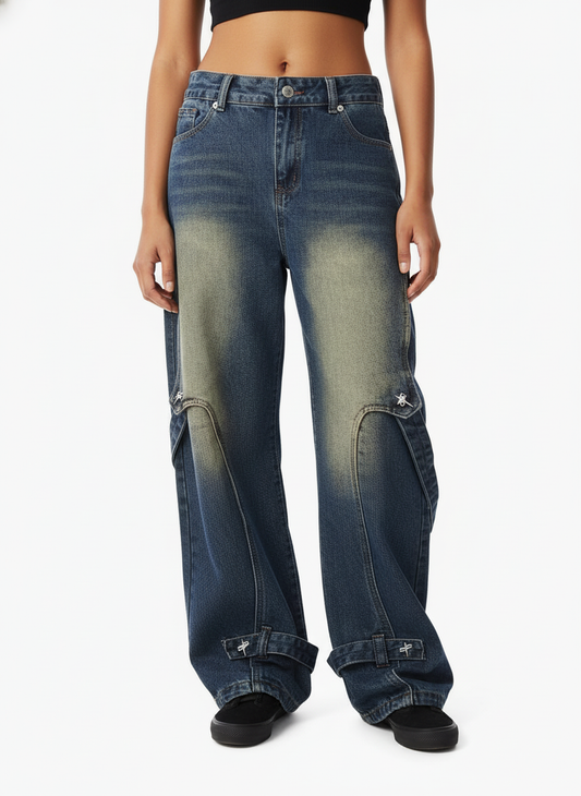 Washed Distressed Deconstructed Split Work Jeans