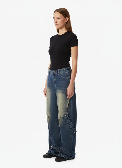 Washed Distressed Deconstructed Split Work Jeans
