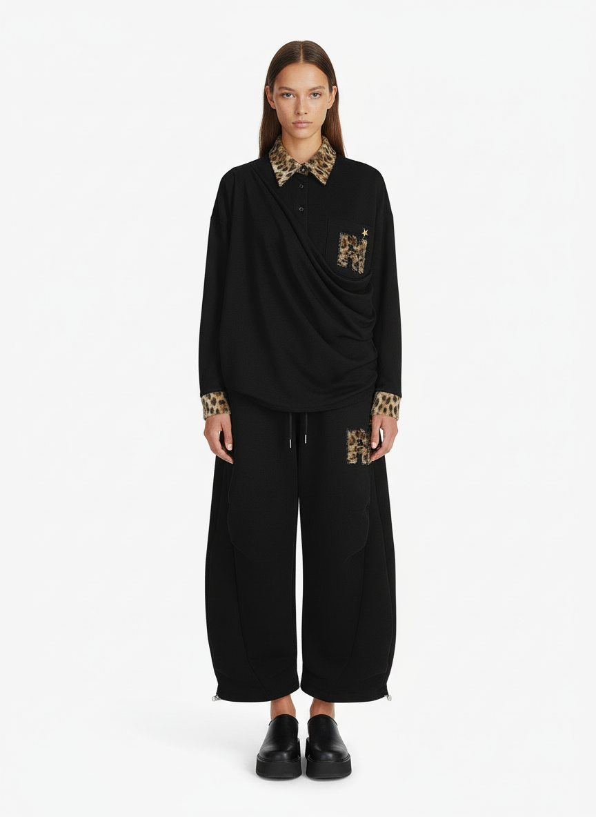 Retro Double-Waist Leopard Patch Barrel Pants