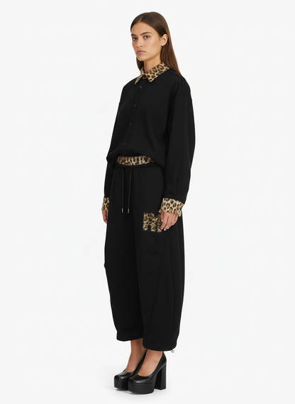 Retro Double-Waist Leopard Patch Barrel Pants