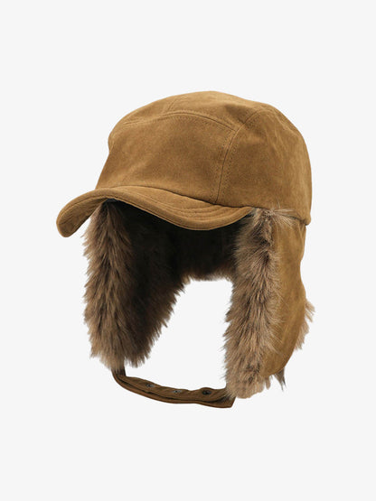 Faux Fur Lined Brown Suede Winter Hat with Ear Flaps?