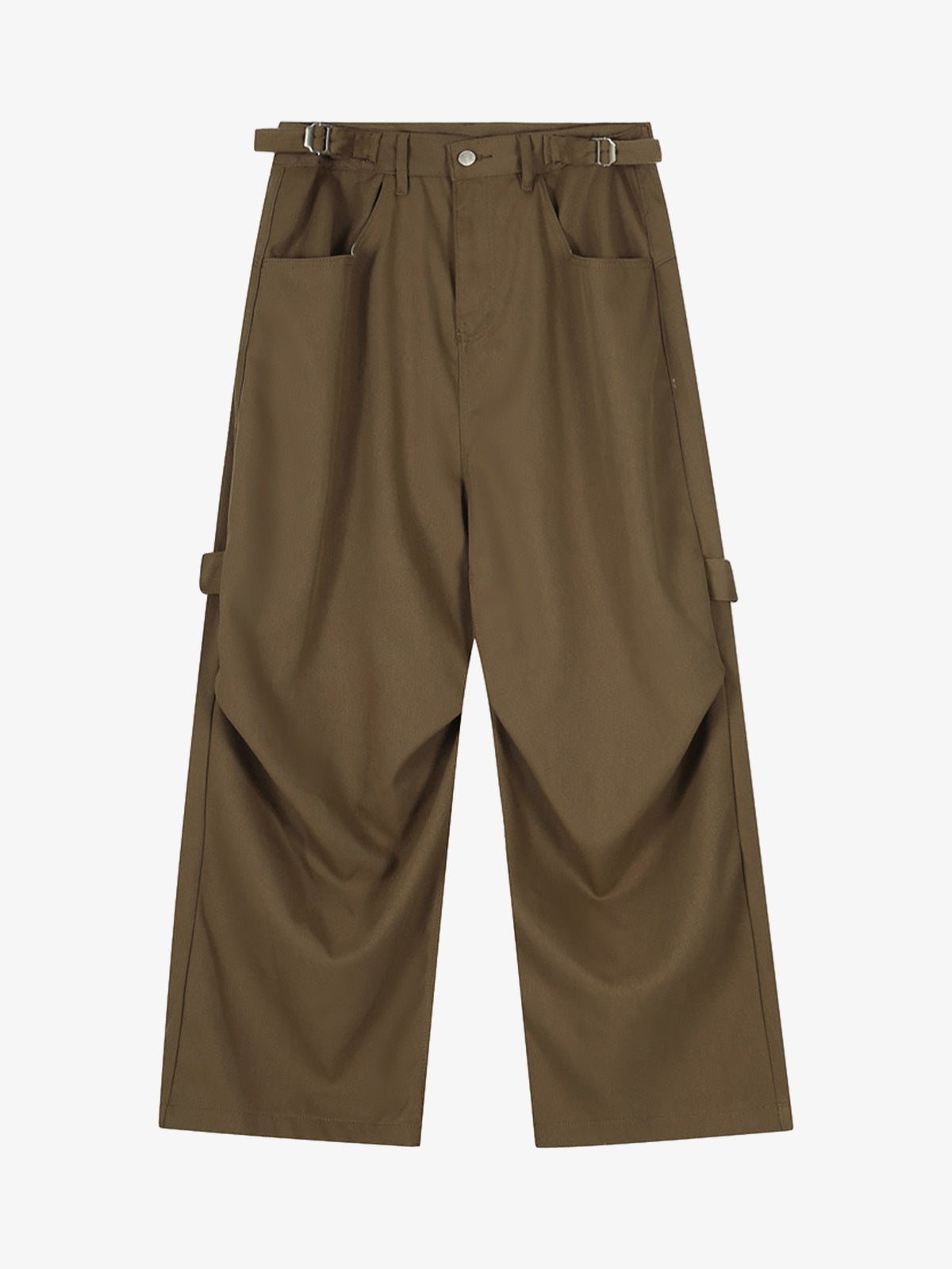 Olive Green Wide-Leg Cargo Trousers with Adjustable Belt and Side Pockets 