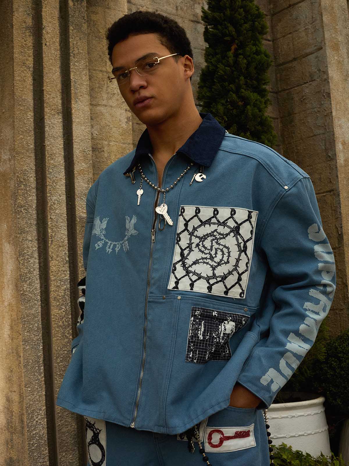 Supermade Multi-Element Appliqu¨¦ Patchwork Denim Suit?