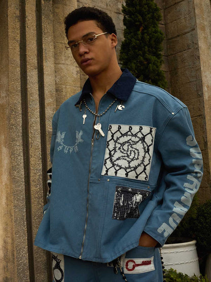 Supermade Multi-Element Appliqu¨¦ Patchwork Denim Suit?