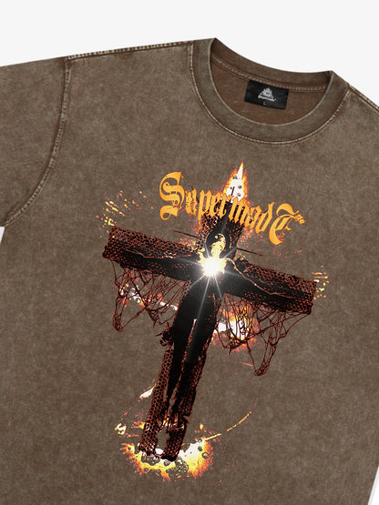 THE SUPERMADE Gothic Flame Cross Graphic T-Shirt for Bold Statement Wear 