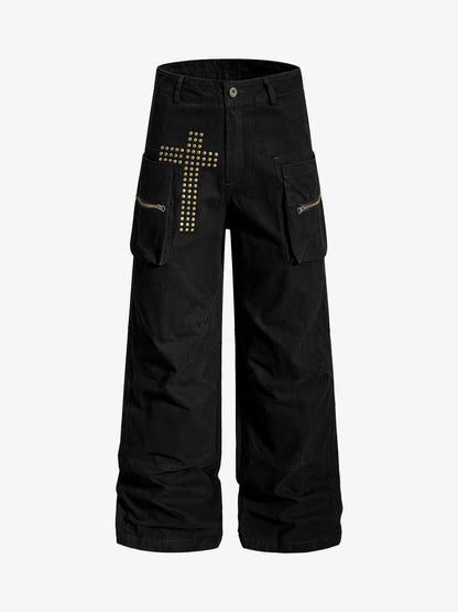 Cotton Twill Cargo Pants with Metal Studs Design Wide Leg Trousers for Men?