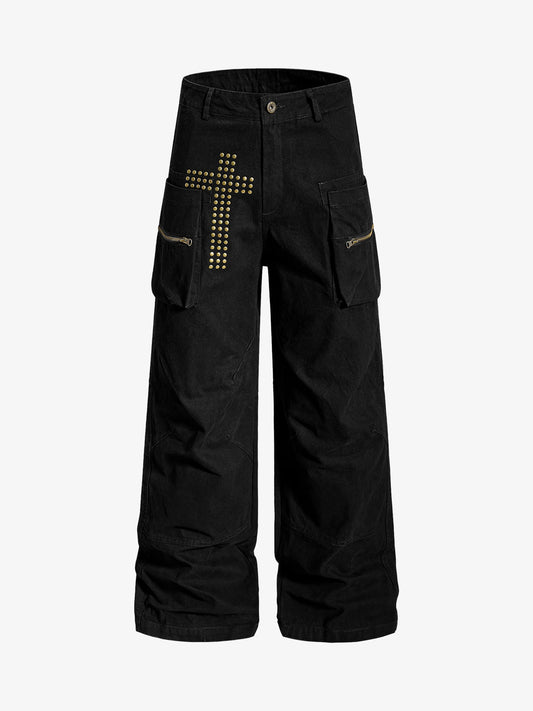 Cotton Twill Cargo Pants with Metal Studs Design Wide Leg Trousers for Men?