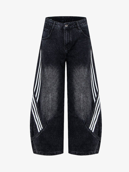 Denim Wide Leg Cropped Pants with White Stripe Design High Waist Fashion Trousers for Women 