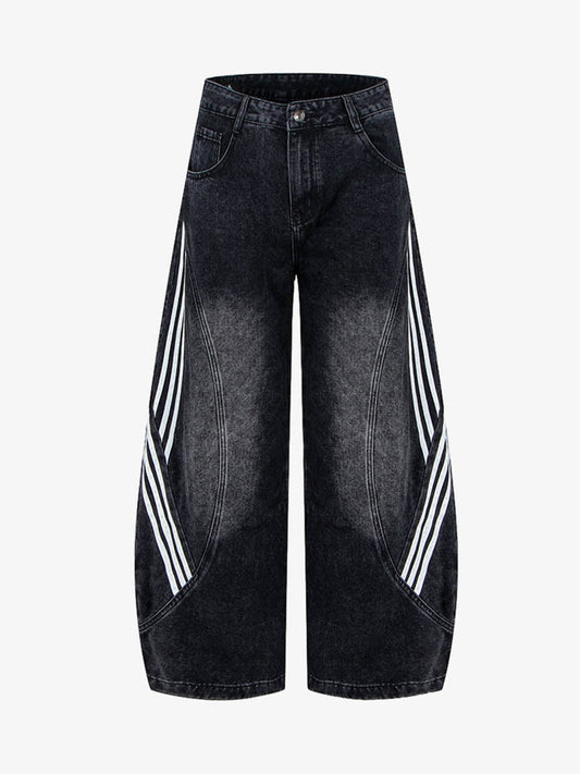 Denim Wide Leg Cropped Pants with White Stripe Design High Waist Fashion Trousers for Women 