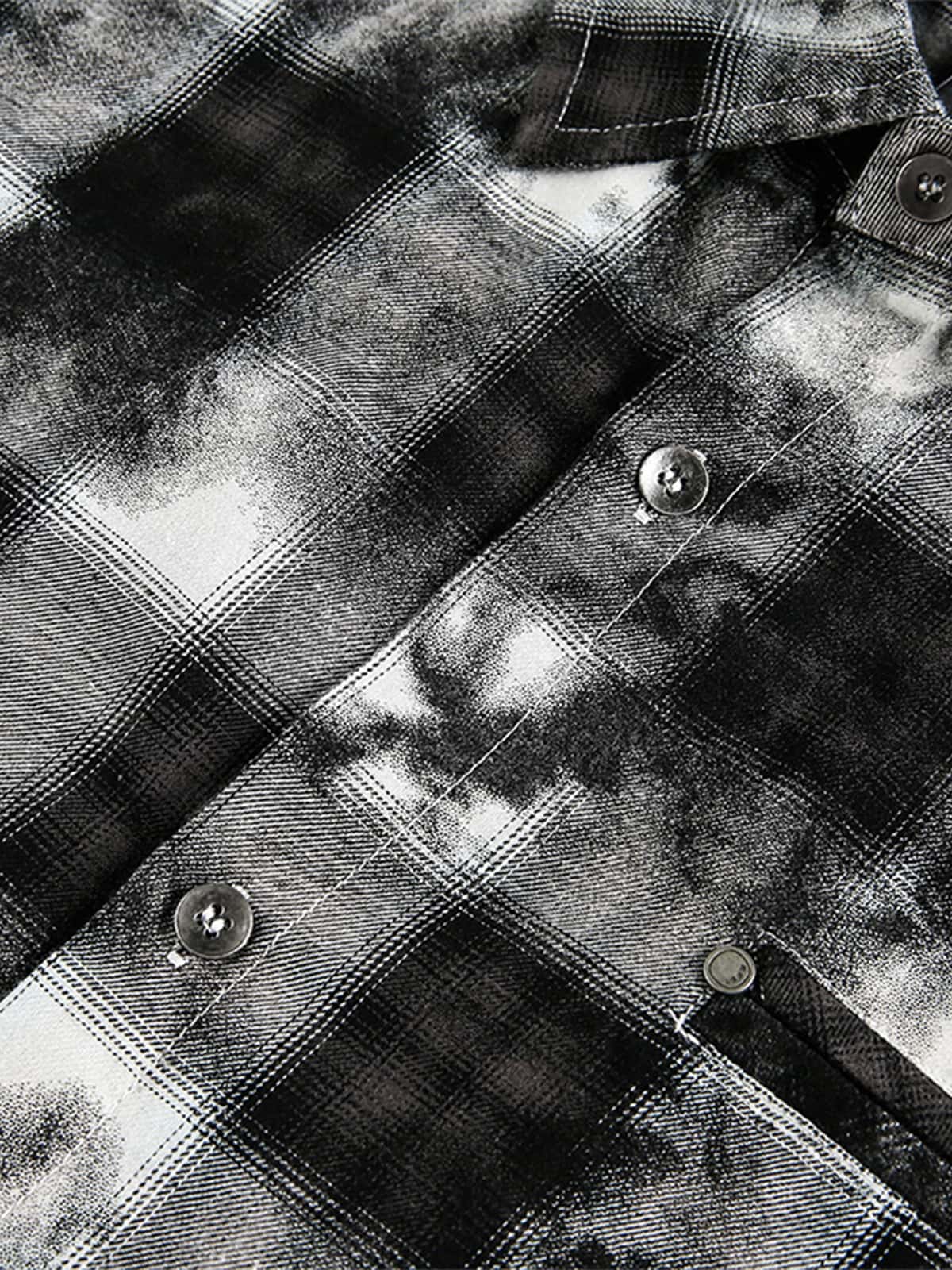 Washed Cotton Plaid Long Sleeve Shirt with Distressed Pattern and Chest Pocket 