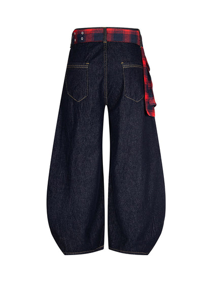 Washed Plaid Belt Barrel Jeans 