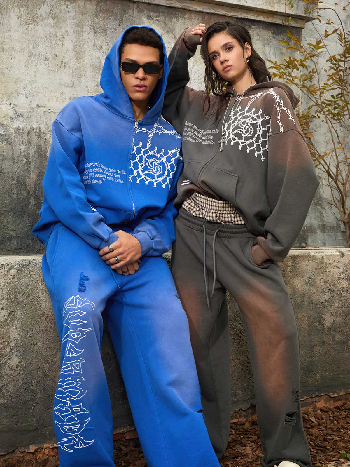 Supermade Vintage Distressed Print Patchwork Sweatshirt Set 