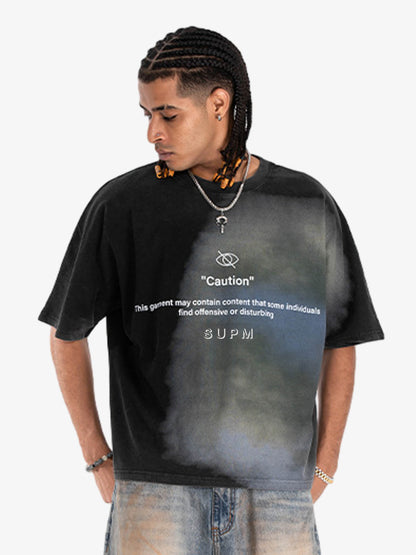 300G Cotton Jade Pattern Dyed T-Shirt with Caution Print Oversized Streetwear Tee?