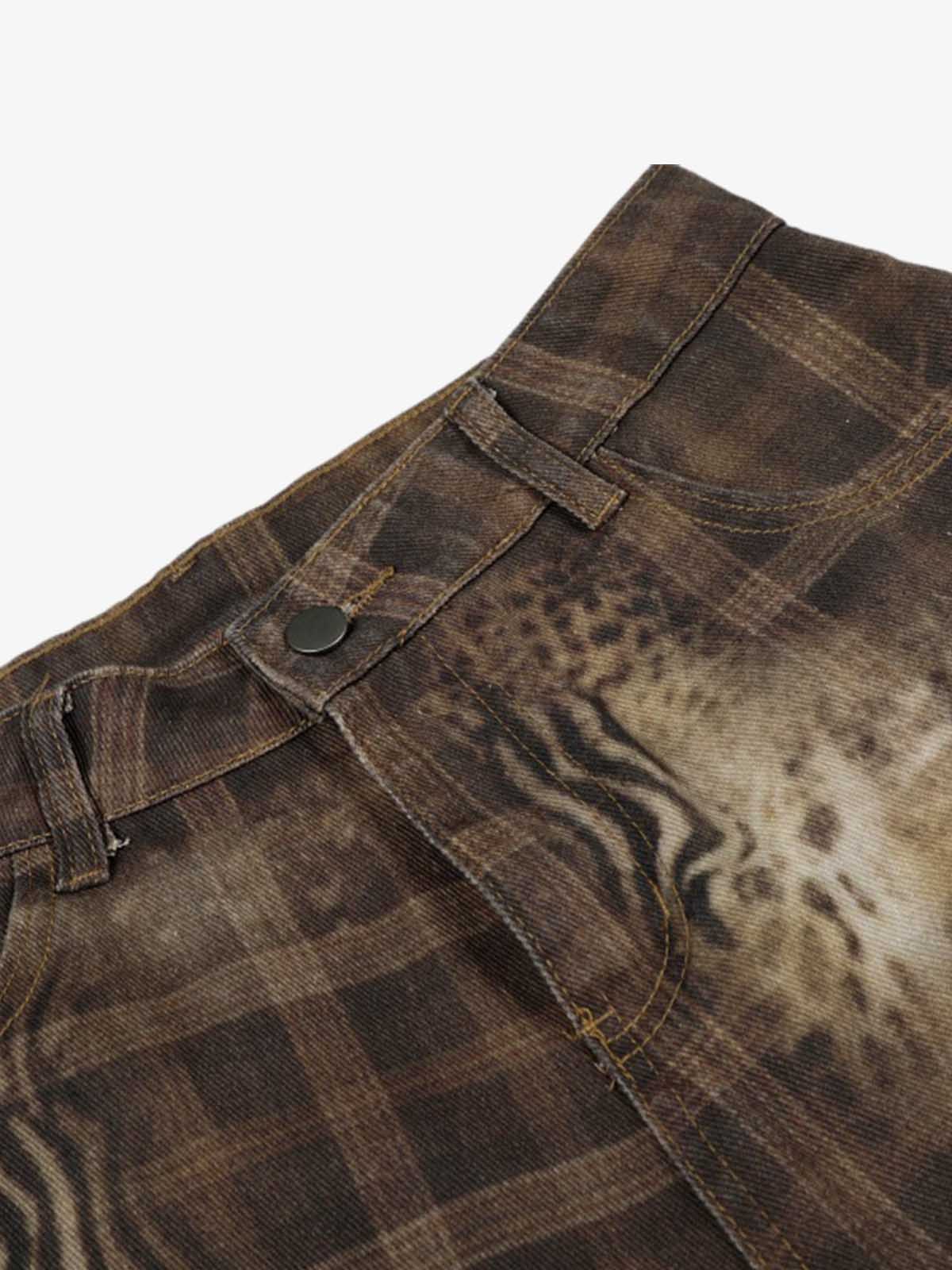 Plaid Leopard Print Cargo Barrel Jeans