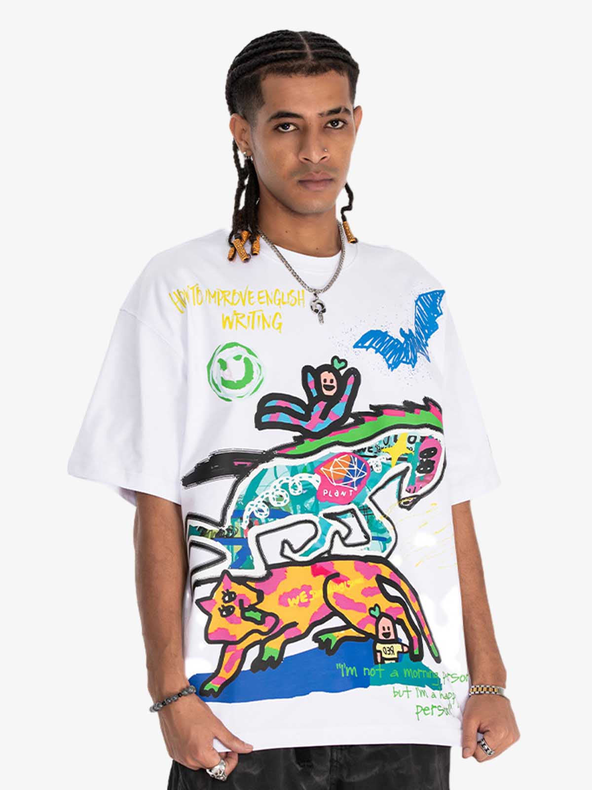 Cotton Graphic Print T-Shirt with Vibrant Street Art Design for Men?