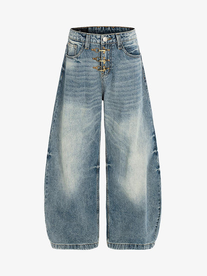Wide-Leg High-Waisted Denim Pants with Asymmetric Wrap Design 