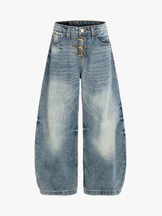 Wide-Leg High-Waisted Denim Pants with Asymmetric Wrap Design 