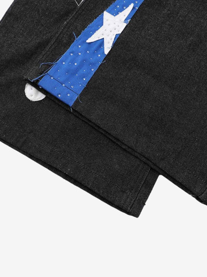 Cotton Blend American Flag Print Wide Leg Pants with Red Star Applique Design 