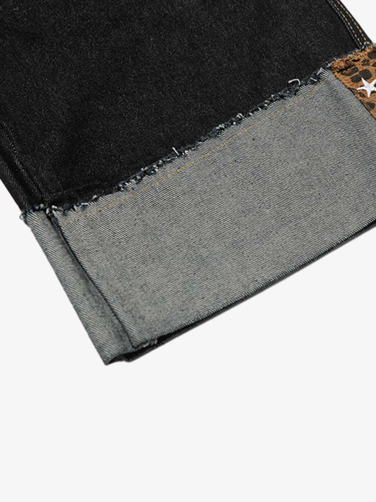 Cotton Denim Wide Leg Jeans with Leopard Print Trim High-Waisted Relaxed Fit Pants for Men and Women 