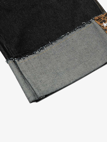 Cotton Denim Wide Leg Jeans with Leopard Print Trim High-Waisted Relaxed Fit Pants for Men and Women 