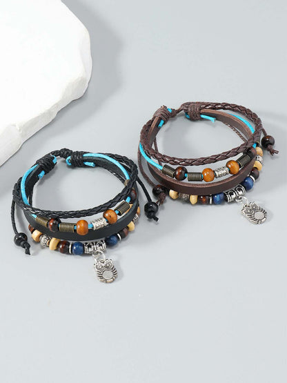 Leather and Beaded Wrap Bracelet with Silver Charm for Men and Women 