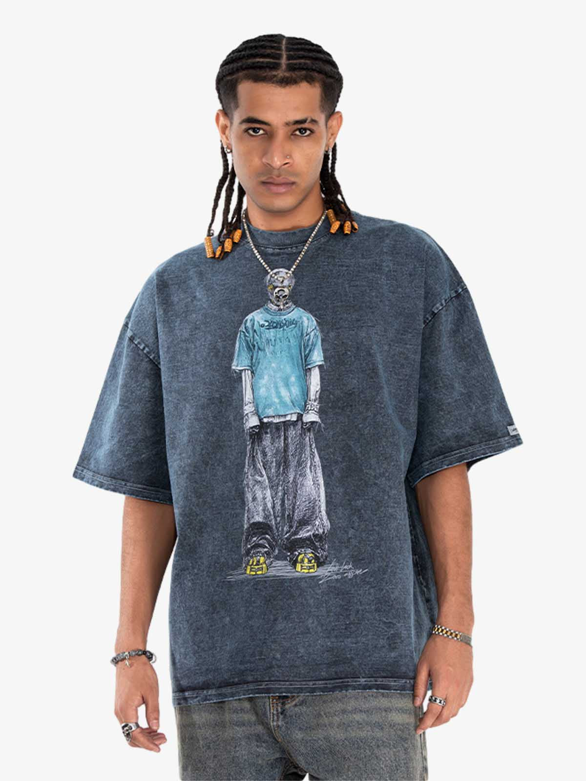 300G Jade Pattern Dyed Cotton Oversized T-Shirt with Skeleton Graphic Print Streetwear?