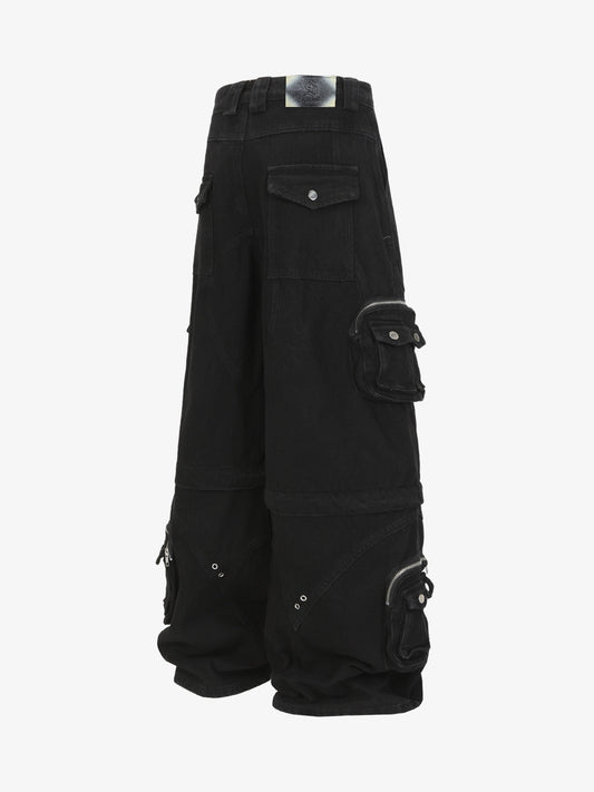 Black Tactical Cargo Shorts with Multi-Pockets and Zipper Accents 