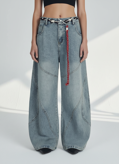 Denim Retro Belt Detail With Patchwork Barrel Jeans - 2490
