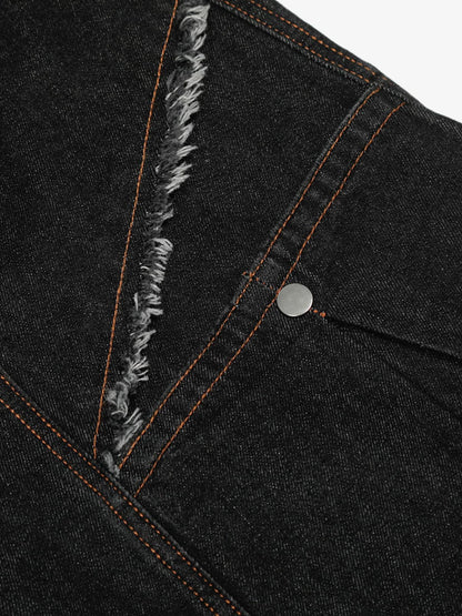 Wide-Leg Denim Trousers with Distressed Pockets and Functional Design 