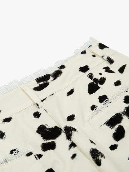 Cotton Blend Cow Print Wide Leg Trousers with Lace Trim?