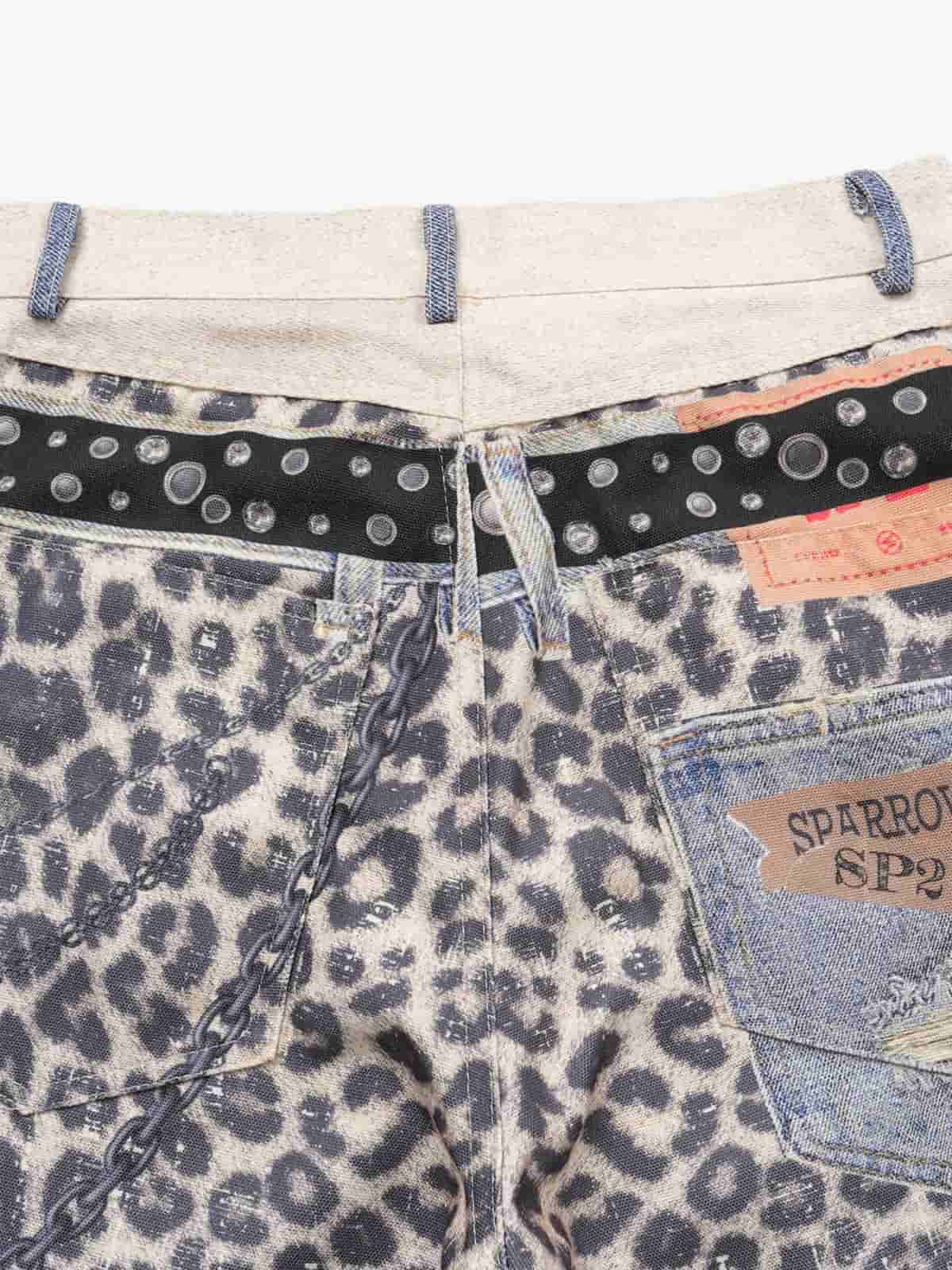 Vintage Leopard 3D Print Double Waistband Washed Jeans 