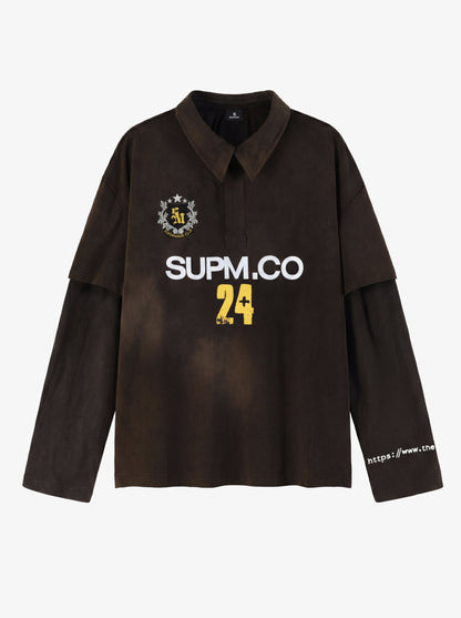 Distressed spray washed cotton fake two-piece loose long-sleeved T-shirt with embroidered badge logo and offset print design?