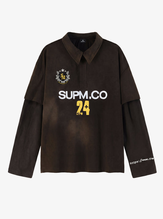 Distressed spray washed cotton fake two-piece loose long-sleeved T-shirt with embroidered badge logo and offset print design?