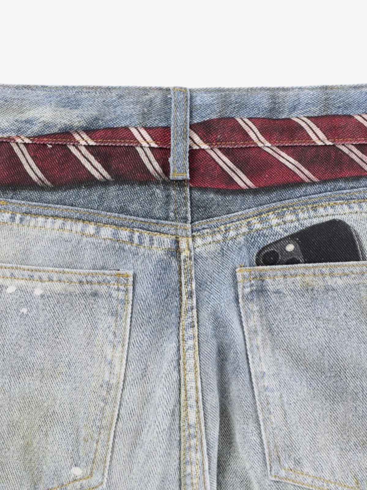 Denim Wide Leg Baggy Jeans with Tie and Pearl Chain Detail for Women Fashion Streetwear 