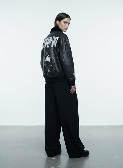 SUPM Fur Collar Rhinestone Pattern Leather Jacket