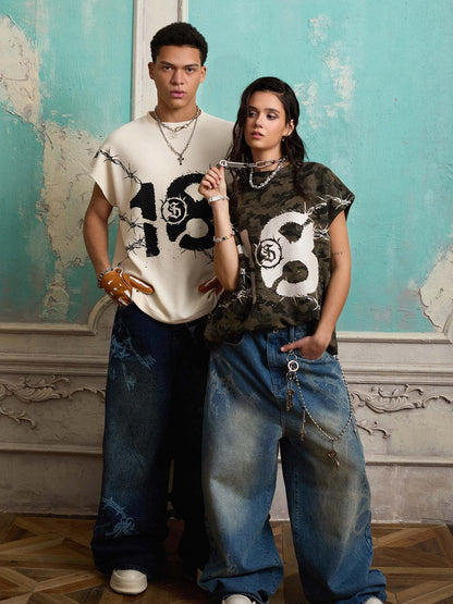 Supermade Thorn and Key Pattern Laser-Burnout Retro Baggy Jeans 