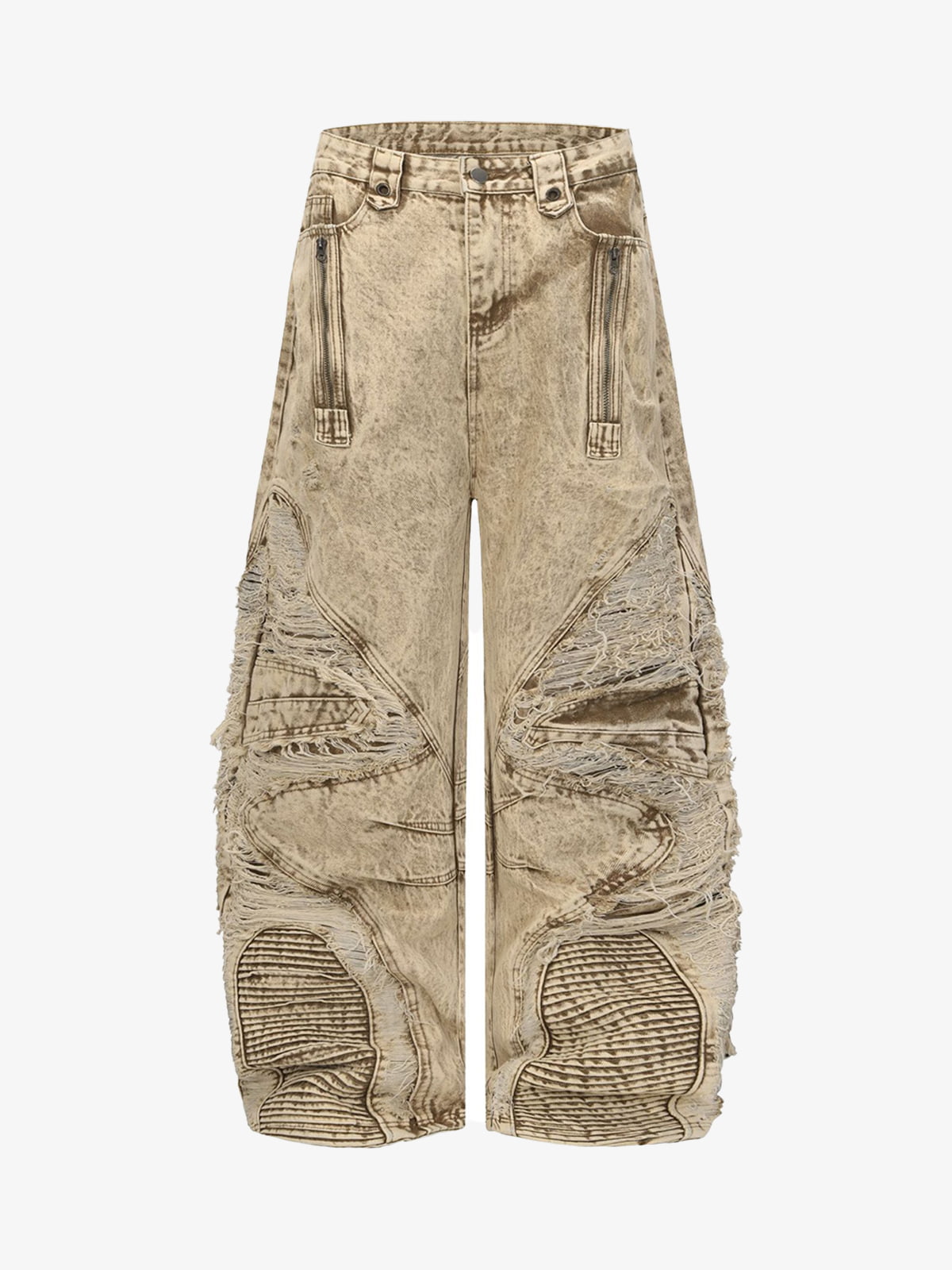 Distressed Denim Cargo Pants with Ripped Details and Patchwork Design for Men Women Fashion Streetwear 