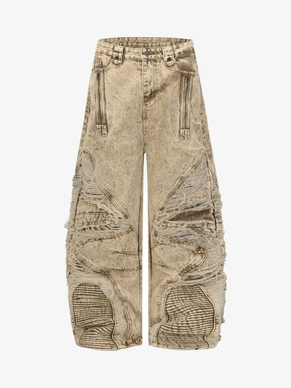 Distressed Denim Cargo Pants with Ripped Details and Patchwork Design for Men Women Fashion Streetwear 