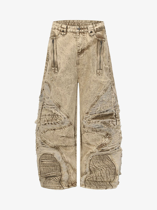 Distressed Denim Cargo Pants with Ripped Details and Patchwork Design for Men Women Fashion Streetwear 