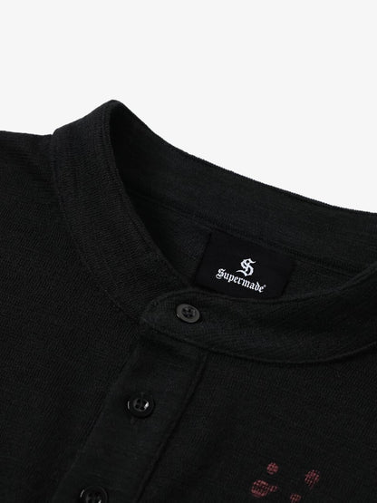 Cotton Blend Long Sleeve Henley Sweater with Graphic Print and Star Motif Design 