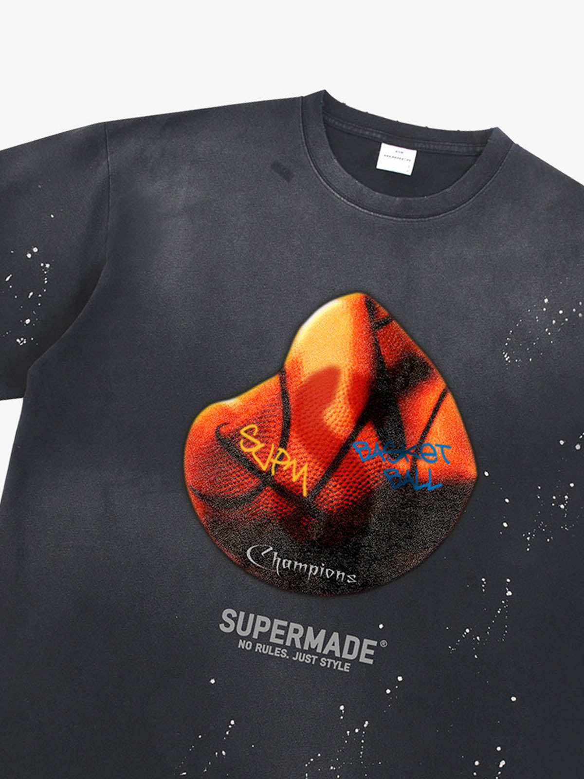 thesupermade-Cotton Basketball Print T-Shirt with Graffiti Design and Splatter Effect for Streetwear Fashion 