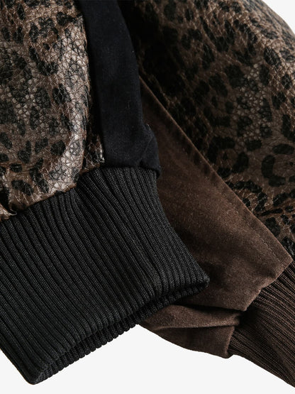 Retro Leopard PU Patchwork Faux Layered Jacket 