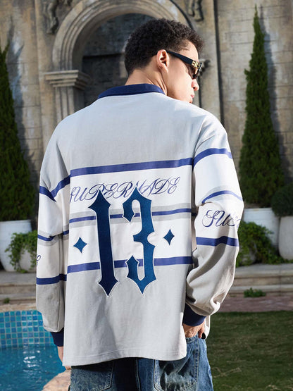 Supermade Color-Blocked Polo Collar Embroidered Print Long-Sleeved Jersey?