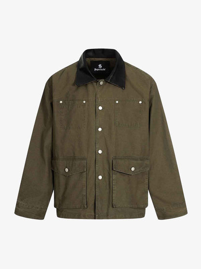 Clean Cut Leather Contrast Collar Pocket Jacket