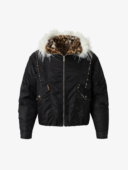 Retro Fur Collar Leopard Lined Bomber Jacket