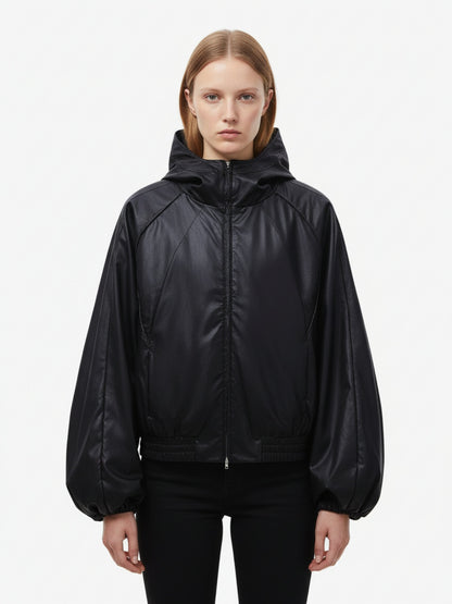 Boxy Hooded PU Leather Racing Jacket