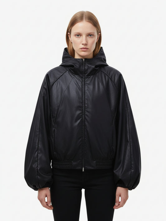 Boxy Hooded PU Leather Racing Jacket