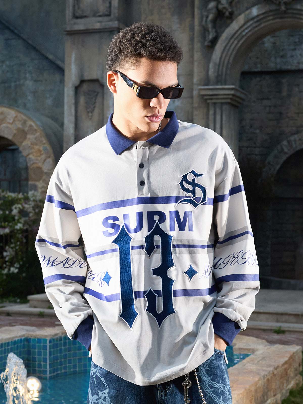 Supermade Color-Blocked Polo Collar Embroidered Print Long-Sleeved Jersey?