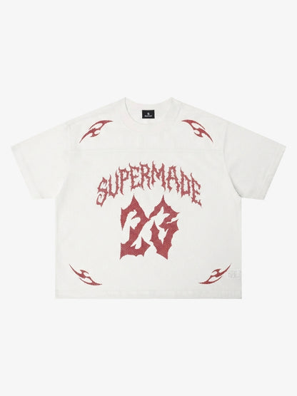 Mesh Jersey T-Shirt with Red Number 03 Print and Stitched Details 