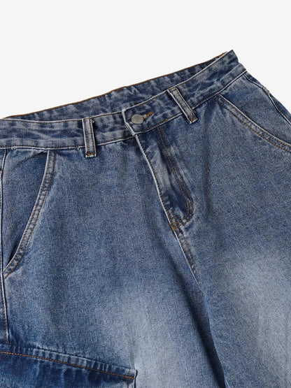 Retro Washed Cargo Multi-Pocket Straight Jeans